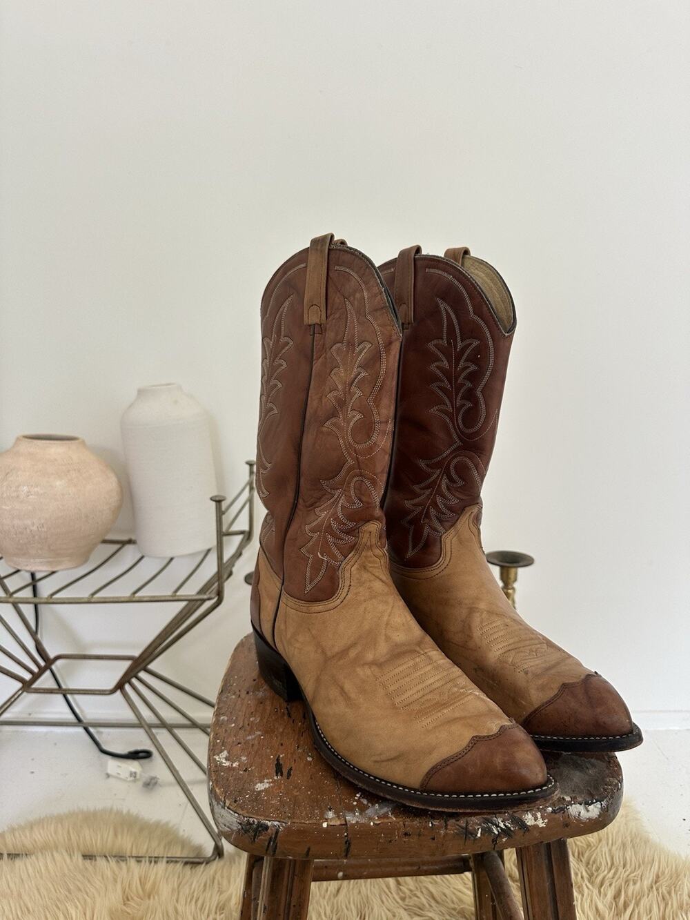 Vintage J Chisholm Two Toned Leather Cowboy Boots Size 11